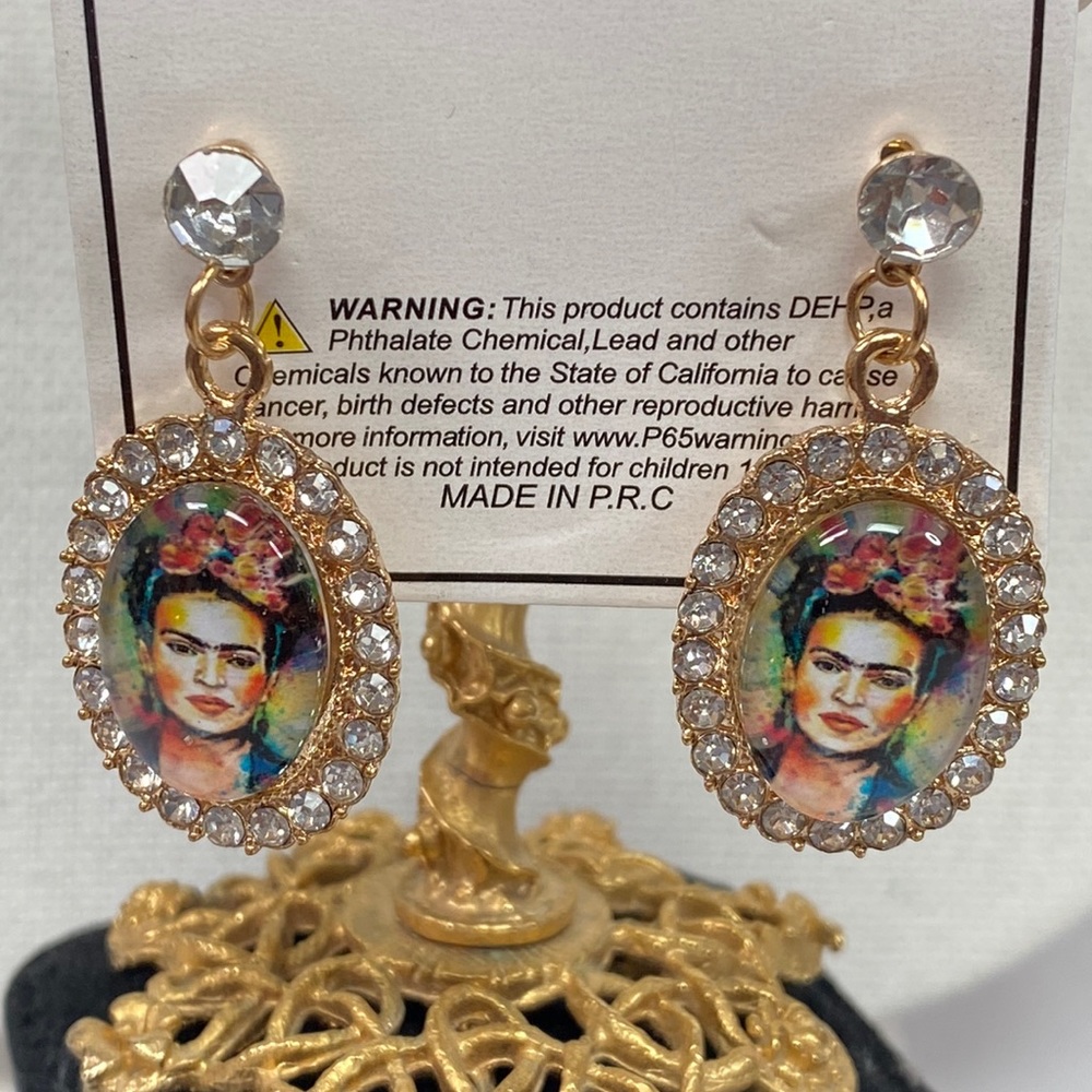 Frida Khalo drop style dangling earrings rhinestones - Picture 1 of 5
